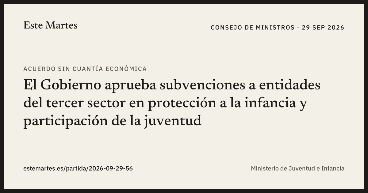 Tarjeta: El Gobierno aprueba subvenciones a entidades del tercer sector en protección a la infancia y participación de la juventud