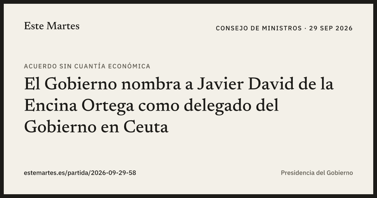 Tarjeta: El Gobierno nombra a Javier David de la Encina Ortega como delegado del Gobierno en Ceuta