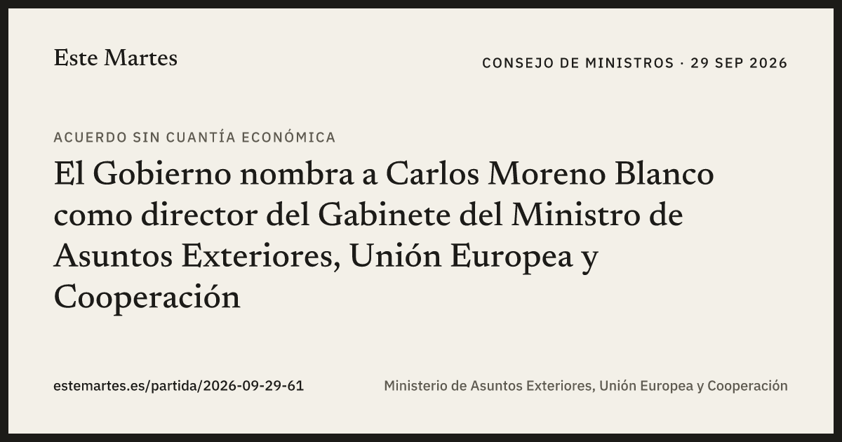 Tarjeta: El Gobierno nombra a Carlos Moreno Blanco como director del Gabinete del Ministro de Asuntos Exteriores, Unión Europea y Cooperación