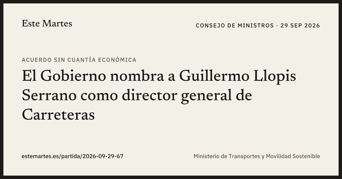 Tarjeta: El Gobierno nombra a Guillermo Llopis Serrano como director general de Carreteras