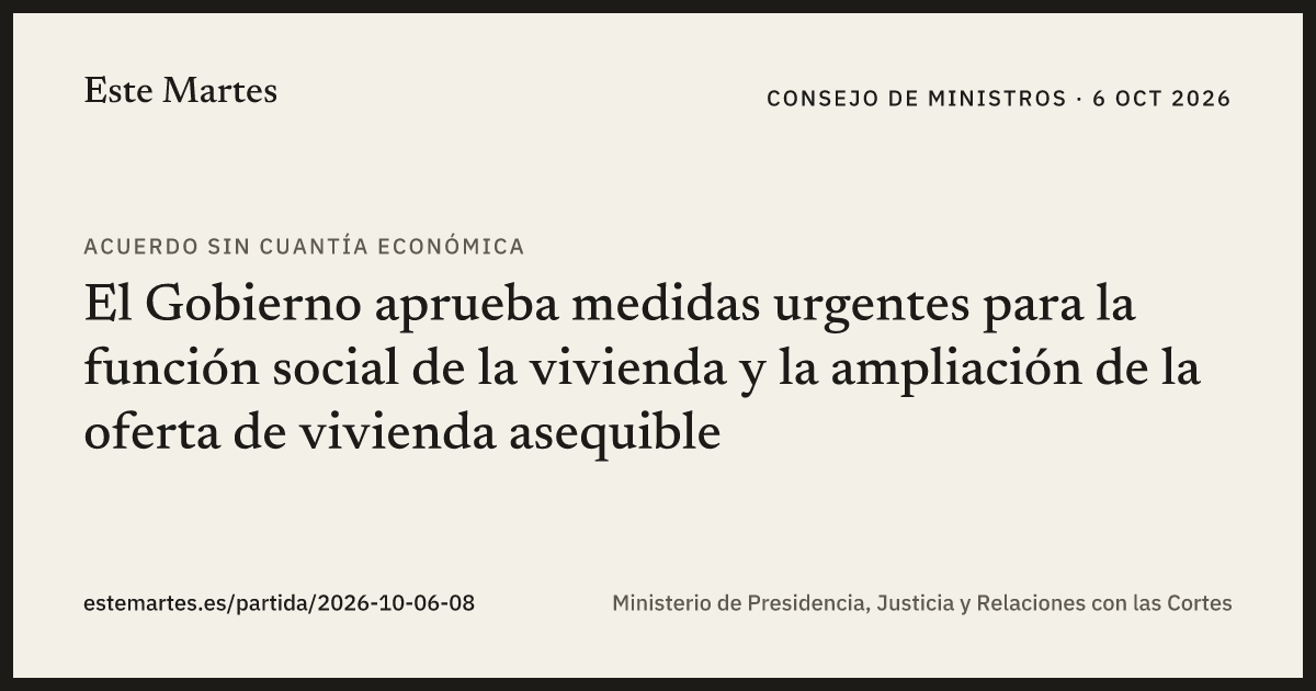 Tarjeta: El Gobierno aprueba medidas urgentes para la función social de la vivienda y la ampliación de la oferta de vivienda asequible