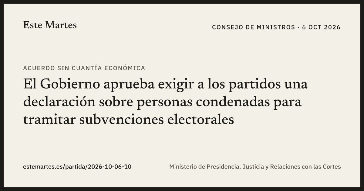 Tarjeta: El Gobierno aprueba exigir a los partidos una declaración sobre personas condenadas para tramitar subvenciones electorales
