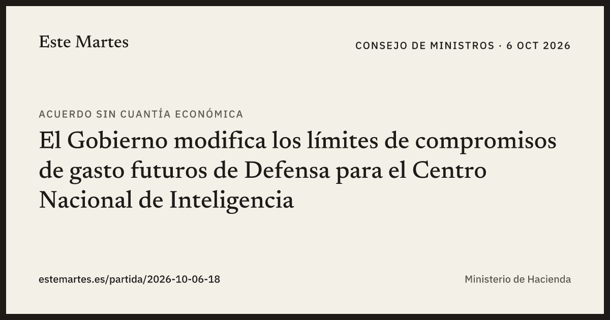 Tarjeta: El Gobierno modifica los límites de compromisos de gasto futuros de Defensa para el Centro Nacional de Inteligencia