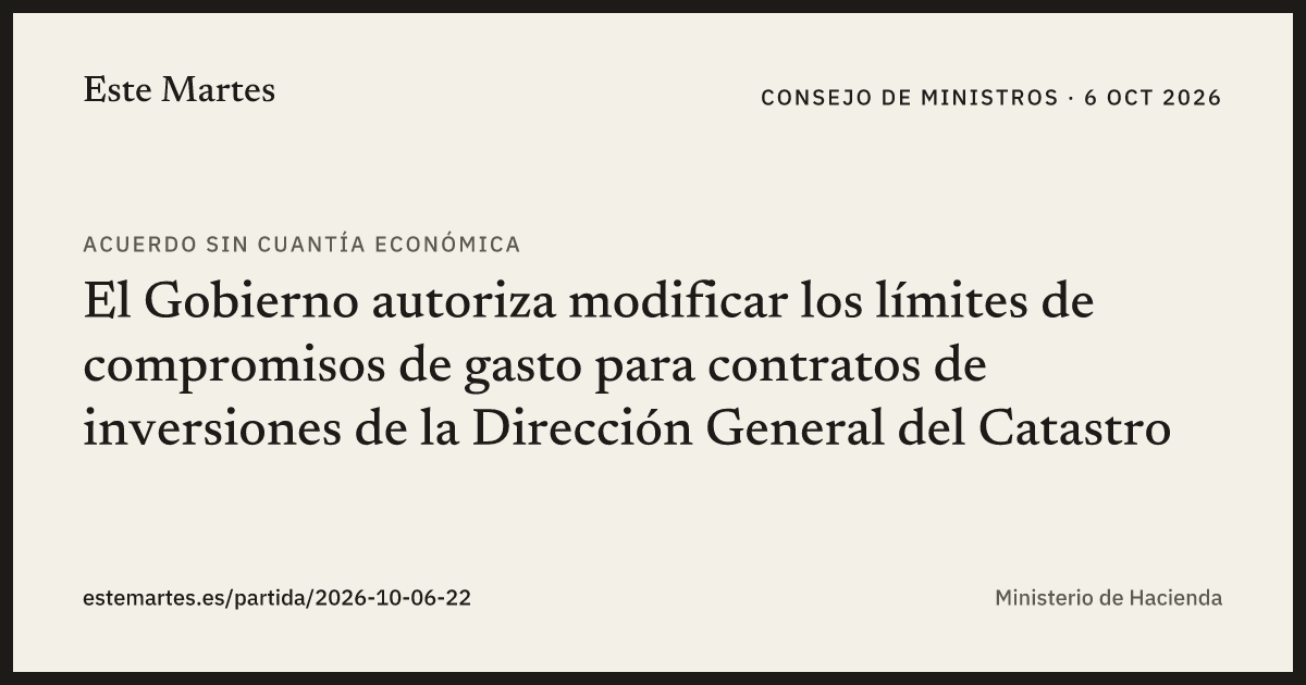 Tarjeta: El Gobierno autoriza modificar los límites de compromisos de gasto para contratos de inversiones de la Dirección General del Catastro