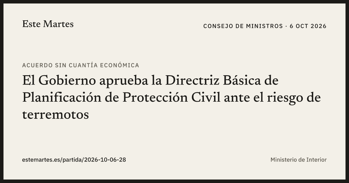 Tarjeta: El Gobierno aprueba la Directriz Básica de Planificación de Protección Civil ante el riesgo de terremotos