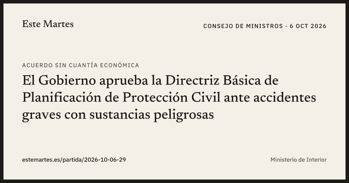 Tarjeta: El Gobierno aprueba la Directriz Básica de Planificación de Protección Civil ante accidentes graves con sustancias peligrosas