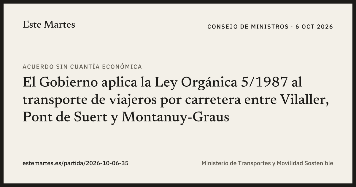 Tarjeta: El Gobierno aplica la Ley Orgánica 5/1987 al transporte de viajeros por carretera entre Vilaller, Pont de Suert y Montanuy-Graus
