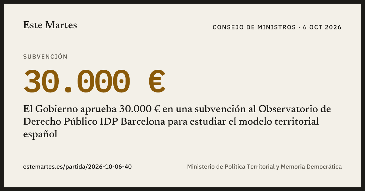 Tarjeta: El Gobierno aprueba 30.000 € en una subvención al Observatorio de Derecho Público IDP Barcelona para estudiar el modelo territorial español