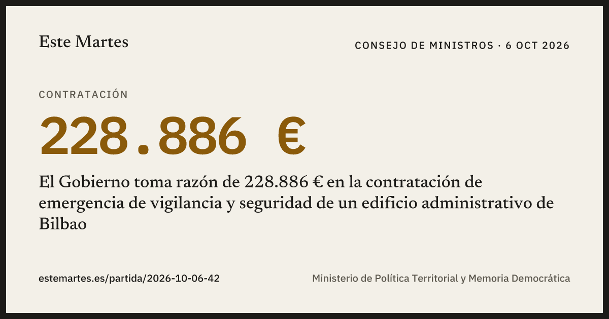 Tarjeta: El Gobierno toma razón de 228.886 € en la contratación de emergencia de vigilancia y seguridad de un edificio administrativo de Bilbao