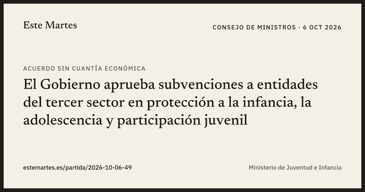 Tarjeta: El Gobierno aprueba subvenciones a entidades del tercer sector en protección a la infancia, la adolescencia y participación juvenil