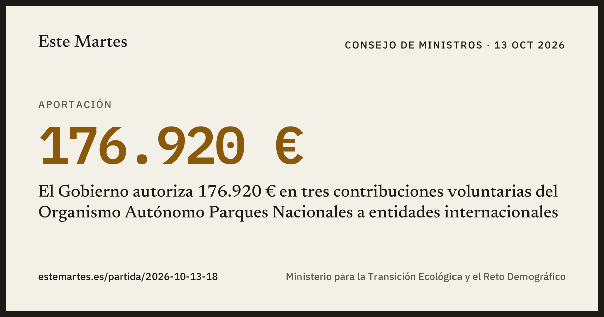 Tarjeta: El Gobierno autoriza 176.920 € en tres contribuciones voluntarias del Organismo Autónomo Parques Nacionales a entidades internacionales