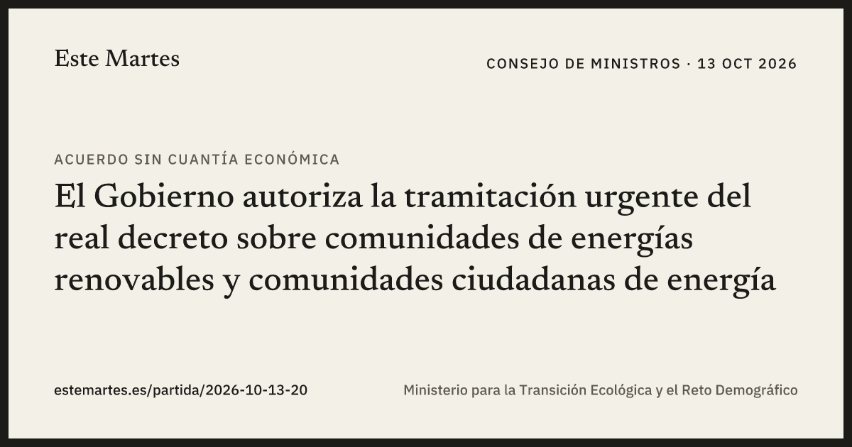 Tarjeta: El Gobierno autoriza la tramitación urgente del real decreto sobre comunidades de energías renovables y comunidades ciudadanas de energía