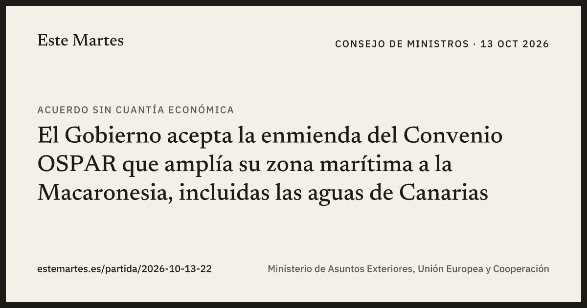 Tarjeta: El Gobierno acepta la enmienda del Convenio OSPAR que amplía su zona marítima a la Macaronesia, incluidas las aguas de Canarias