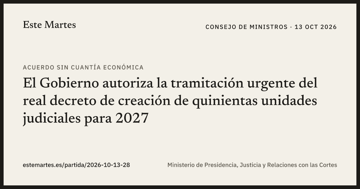 Tarjeta: El Gobierno autoriza la tramitación urgente del real decreto de creación de quinientas unidades judiciales para 2027