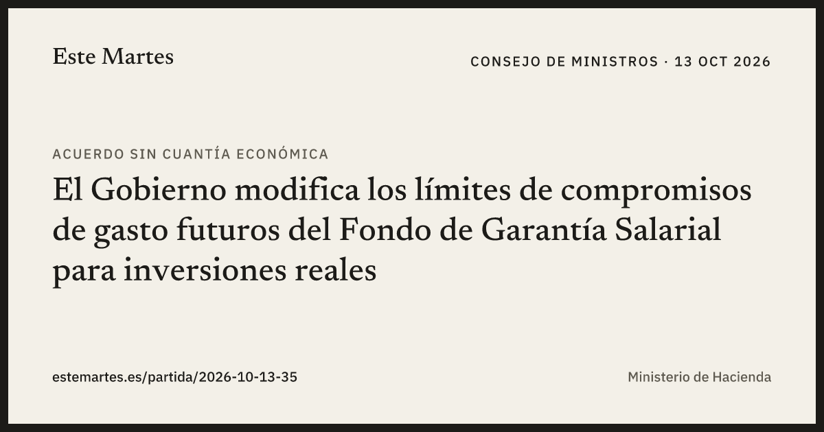 Tarjeta: El Gobierno modifica los límites de compromisos de gasto futuros del Fondo de Garantía Salarial para inversiones reales