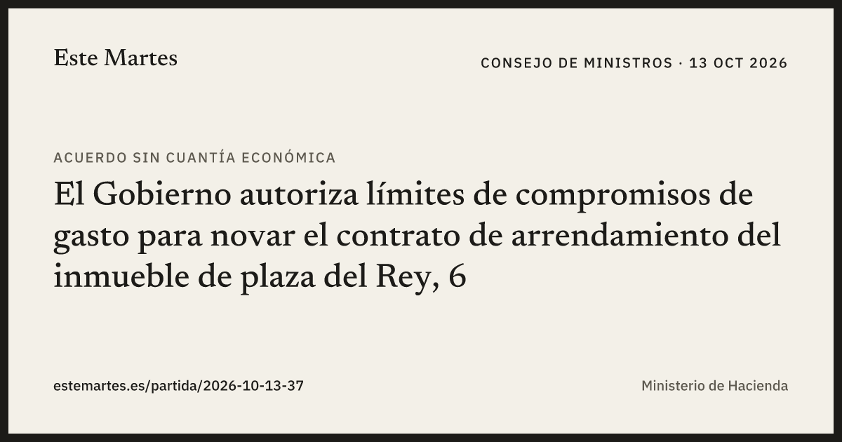 Tarjeta: El Gobierno autoriza límites de compromisos de gasto para novar el contrato de arrendamiento del inmueble de plaza del Rey, 6