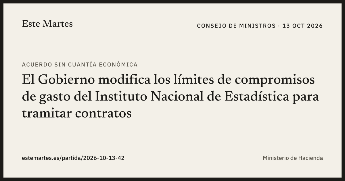 Tarjeta: El Gobierno modifica los límites de compromisos de gasto del Instituto Nacional de Estadística para tramitar contratos