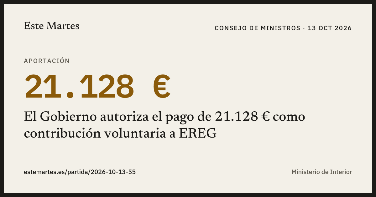 Tarjeta: El Gobierno autoriza el pago de 21.128 € como contribución voluntaria a EREG