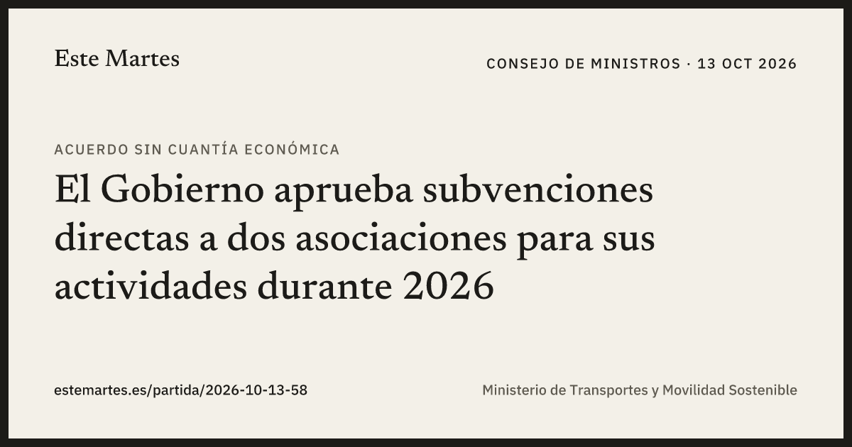 Tarjeta: El Gobierno aprueba subvenciones directas a dos asociaciones para sus actividades durante 2026