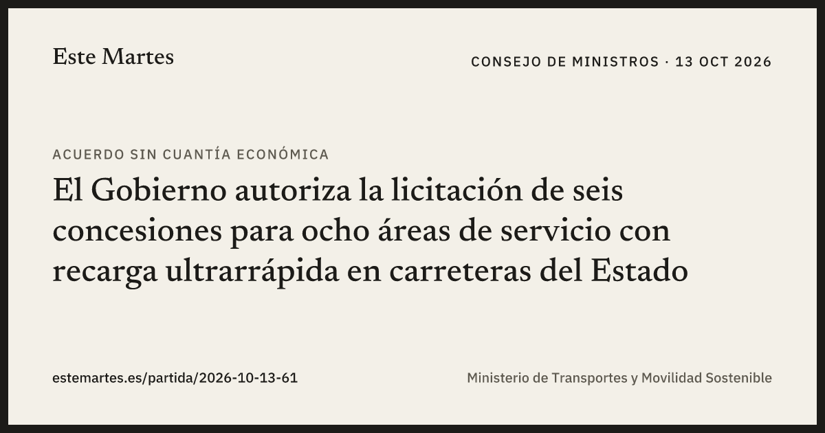 Tarjeta: El Gobierno autoriza la licitación de seis concesiones para ocho áreas de servicio con recarga ultrarrápida en carreteras del Estado