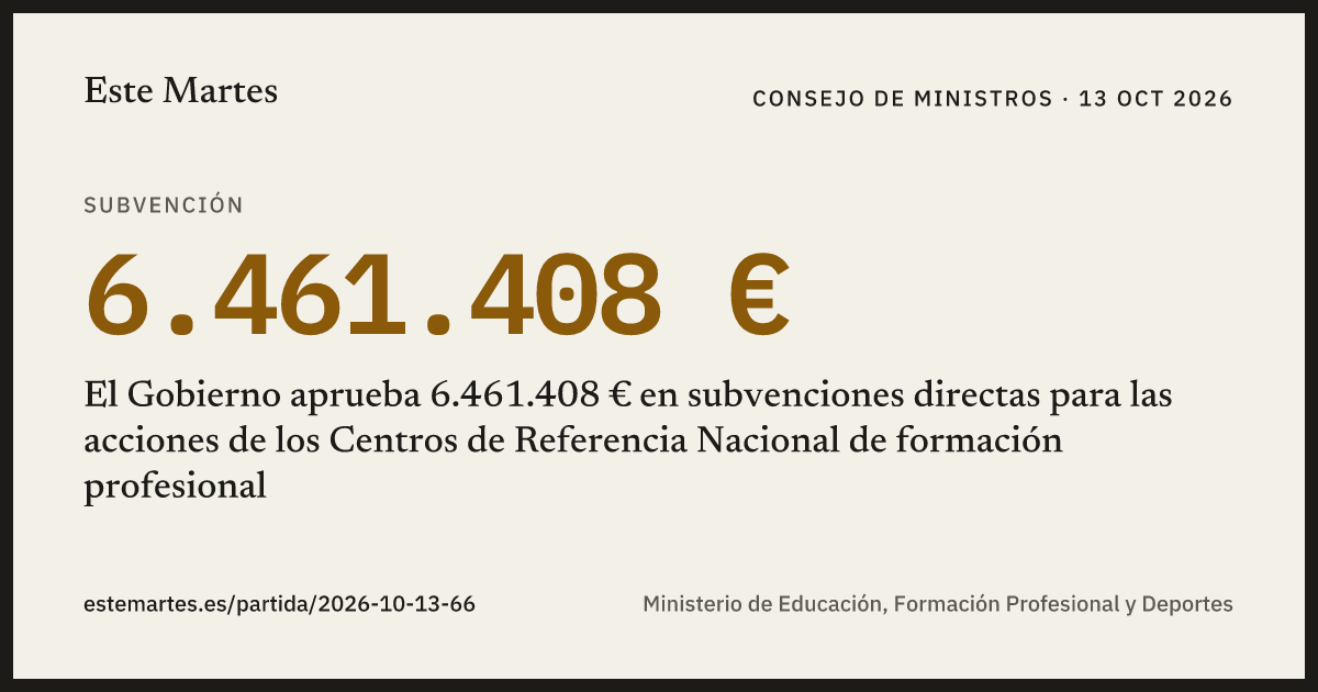 Tarjeta: El Gobierno aprueba 6.461.408 € en subvenciones directas para las acciones de los Centros de Referencia Nacional de formación profesional