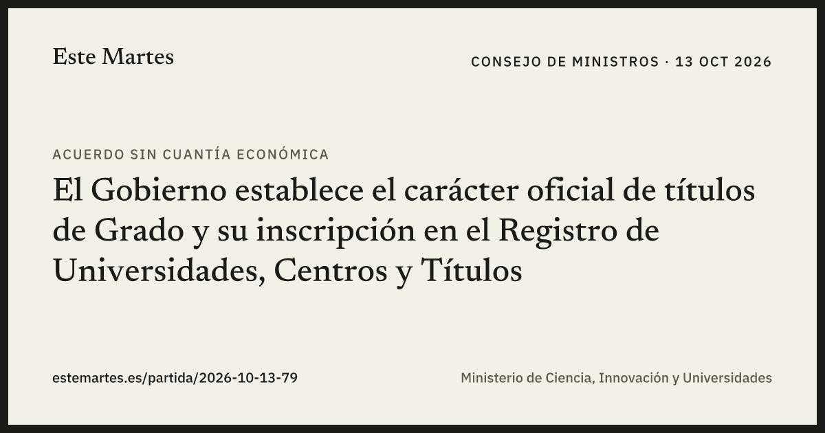 Tarjeta: El Gobierno establece el carácter oficial de títulos de Grado y su inscripción en el Registro de Universidades, Centros y Títulos