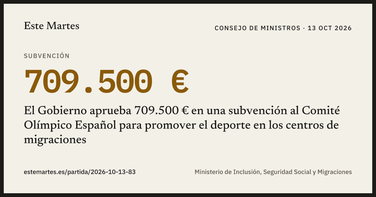 Tarjeta: El Gobierno aprueba 709.500 € en una subvención al Comité Olímpico Español para promover el deporte en los centros de migraciones