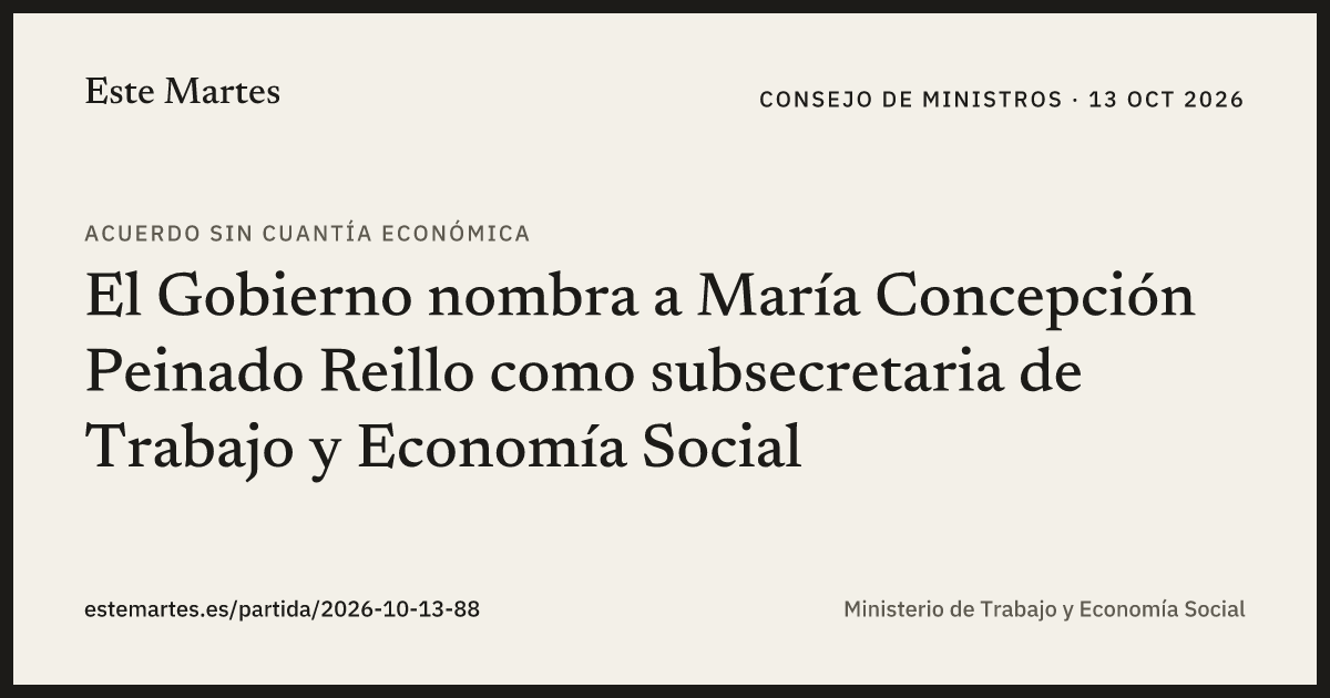 Tarjeta: El Gobierno nombra a María Concepción Peinado Reillo como subsecretaria de Trabajo y Economía Social