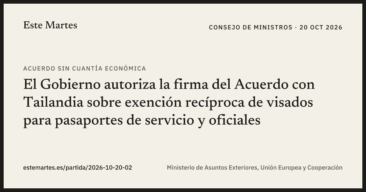 Tarjeta: El Gobierno autoriza la firma del Acuerdo con Tailandia sobre exención recíproca de visados para pasaportes de servicio y oficiales