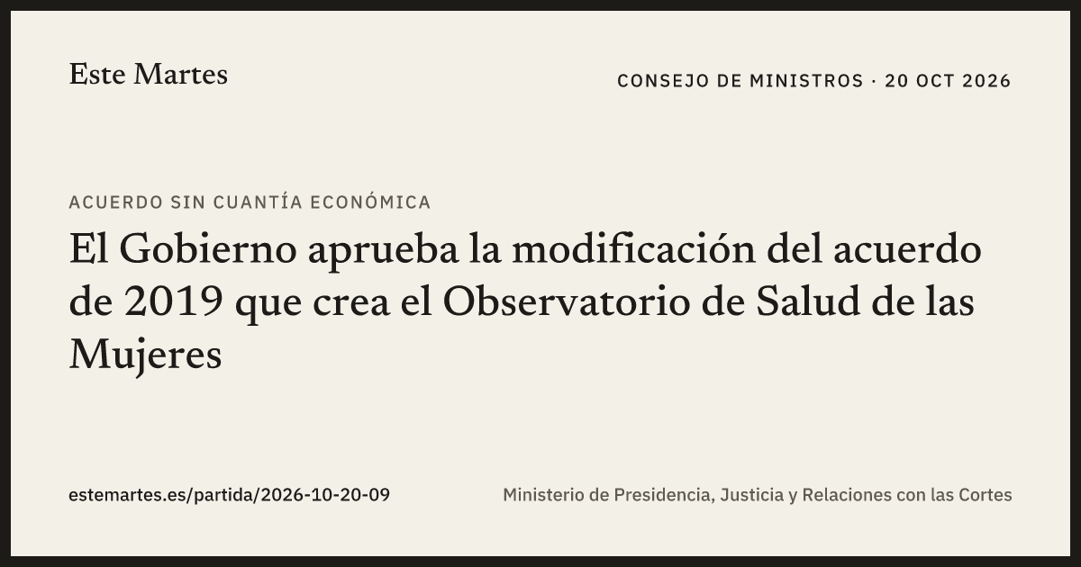 Tarjeta: El Gobierno aprueba la modificación del acuerdo de 2019 que crea el Observatorio de Salud de las Mujeres