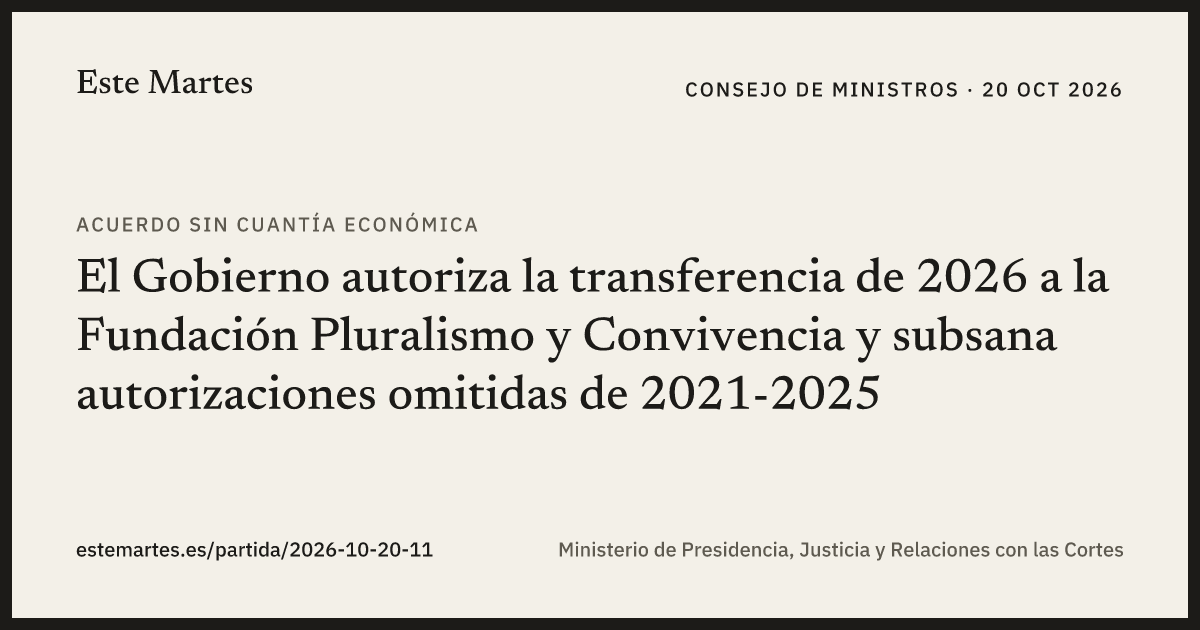Tarjeta: El Gobierno autoriza la transferencia de 2026 a la Fundación Pluralismo y Convivencia y subsana autorizaciones omitidas de 2021-2025