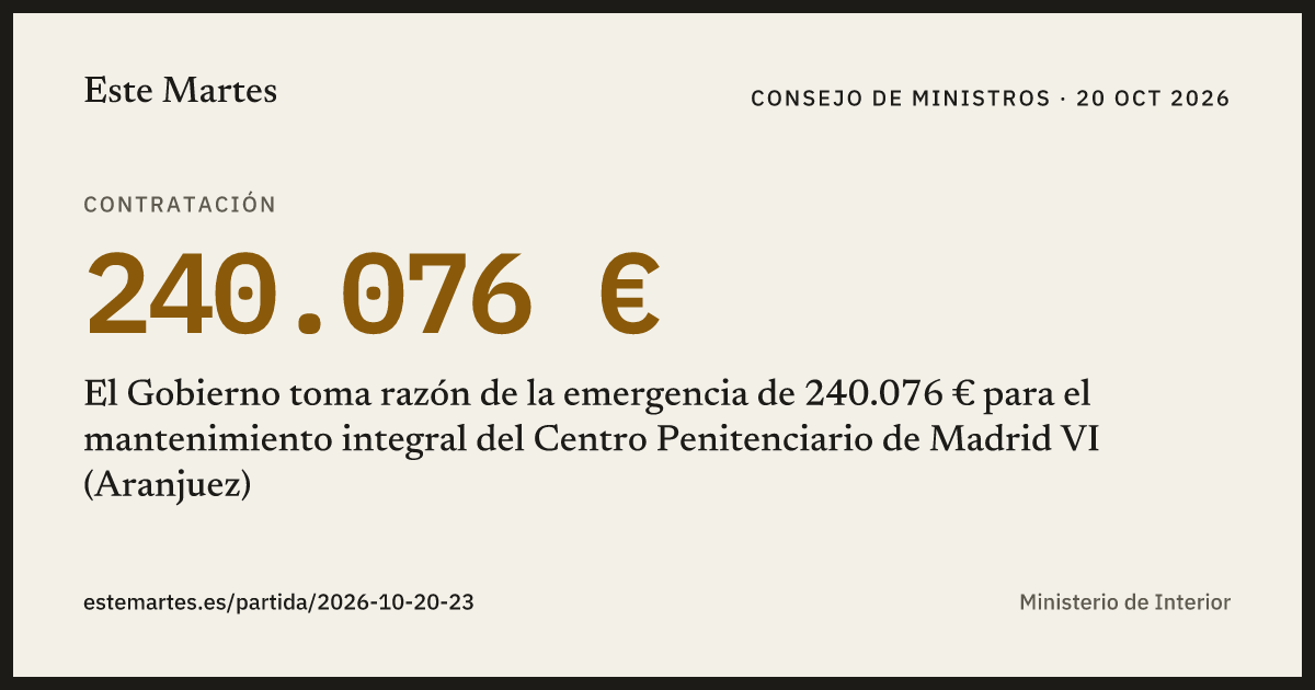 Tarjeta: El Gobierno toma razón de la emergencia de 240.076 € para el mantenimiento integral del Centro Penitenciario de Madrid VI (Aranjuez)
