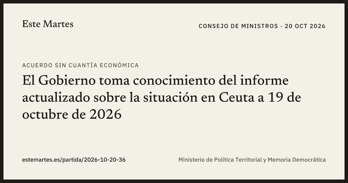Tarjeta: El Gobierno toma conocimiento del informe actualizado sobre la situación en Ceuta a 19 de octubre de 2026