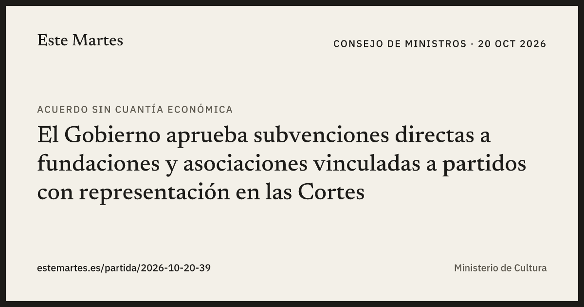 Tarjeta: El Gobierno aprueba subvenciones directas a fundaciones y asociaciones vinculadas a partidos con representación en las Cortes