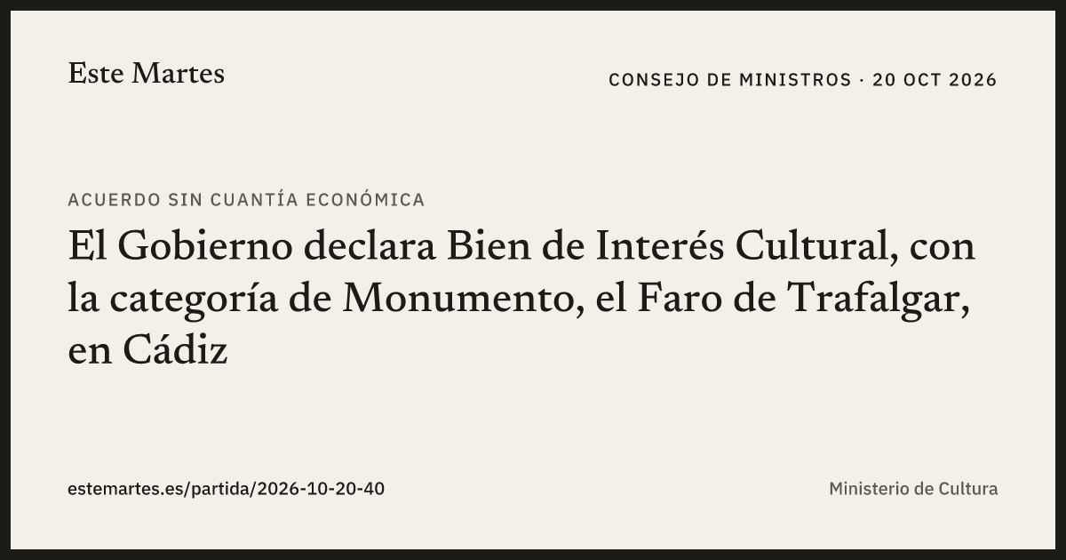 Tarjeta: El Gobierno declara Bien de Interés Cultural, con la categoría de Monumento, el Faro de Trafalgar, en Cádiz