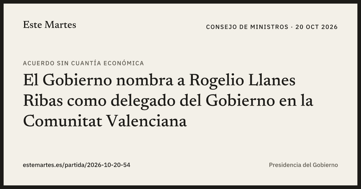 Tarjeta: El Gobierno nombra a Rogelio Llanes Ribas como delegado del Gobierno en la Comunitat Valenciana