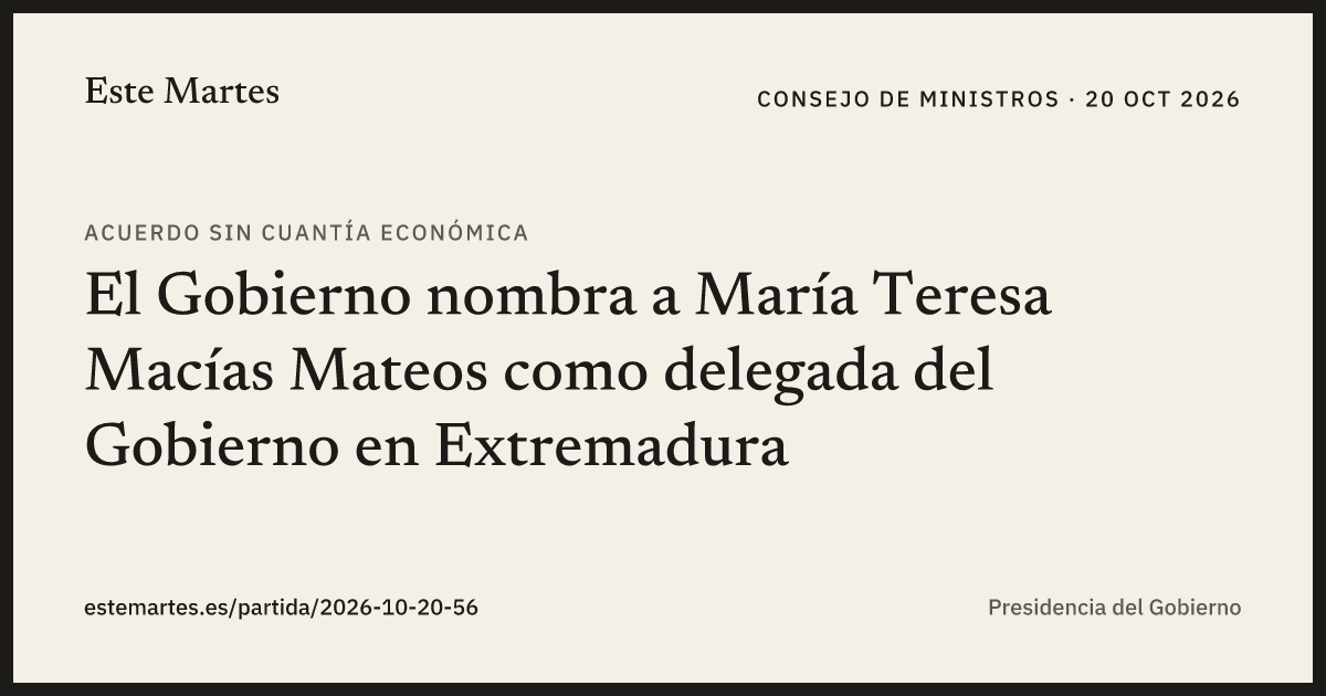 Tarjeta: El Gobierno nombra a María Teresa Macías Mateos como delegada del Gobierno en Extremadura